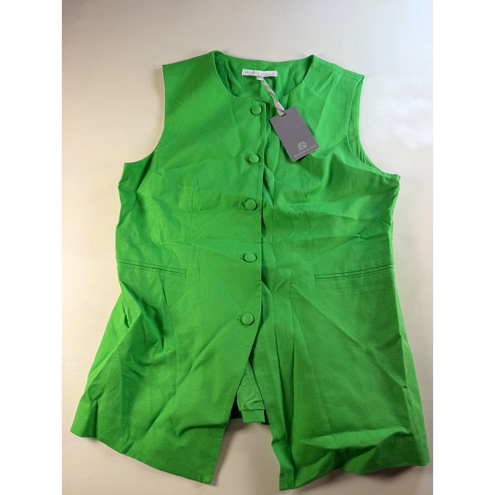 Preston & York Vest Women 8 Green Modern Linen Blend Button Front Tailored